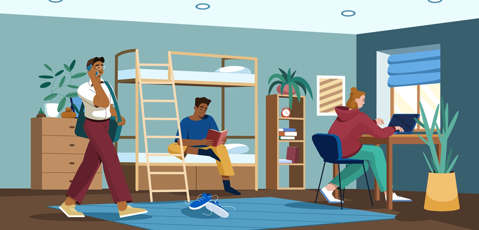 illustration with college students living together in on-campus student housing