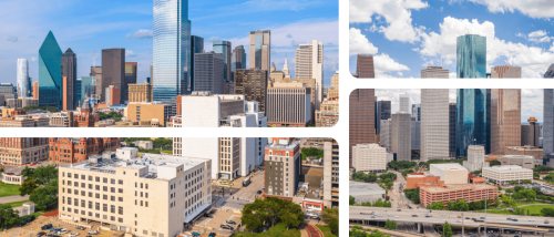 A collage featuring photos of the skylines in Dallas and Houston, representing a cost of living comparison for renters choosing between the two cities.