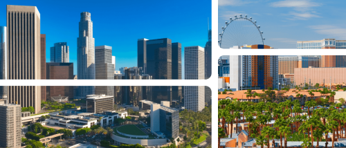 A collage featuring photos of the skylines in Los Angeles and Las Vegas, representing a cost of living comparison for renters choosing between the two cities.