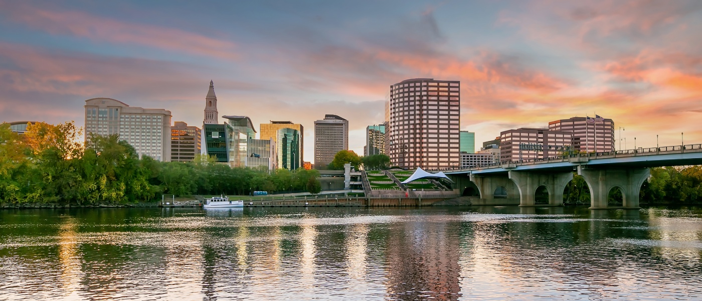 Downtown Hartford, Connecticut skyline and cityscape, highlighting urban infrastructure and public transit in Hartford.