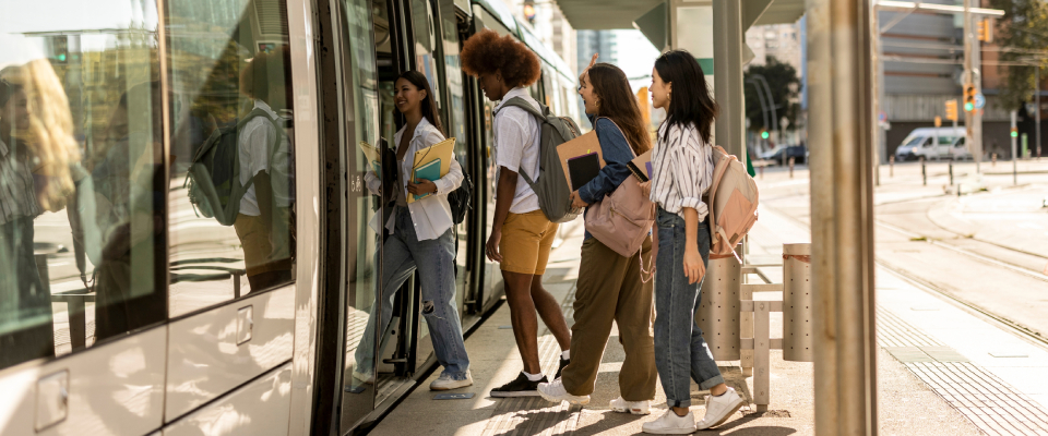 A group of people using public transit.