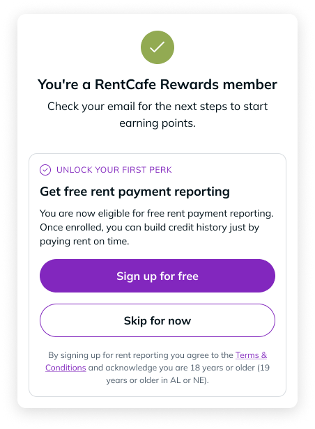 RentCafe Rewards dashboard offering free rent payment reporting to help renters build their credit score.