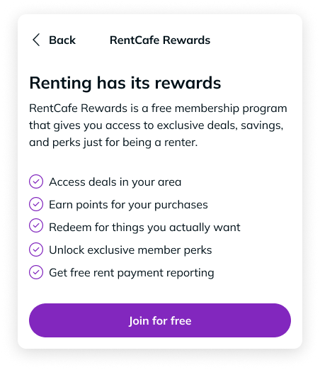 RentCafe Rewards enrollment card highlighting local deals, free rent payment reporting to build credit, earning and redeeming points.