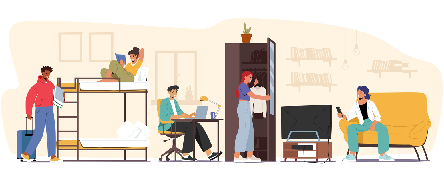 students living together in student housing near college