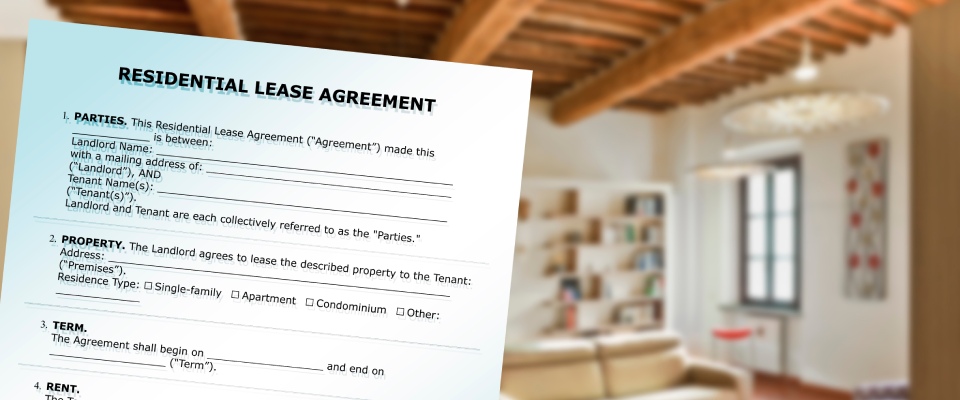 Residential lease agreement document with a modern apartment building interior in the background, representing rental opportunities and apartments in Reno.