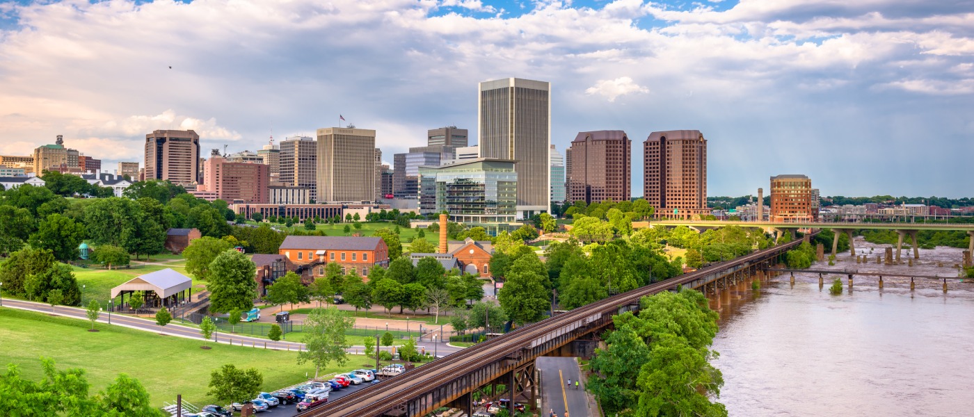 Richmond, Virginia, USA downtown skyline on the James River to illustrate public transit in Richmond, VA.