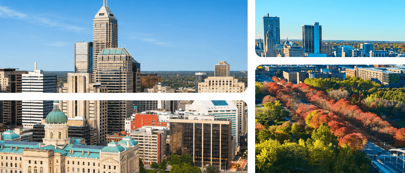 Indianapolis skyline and downtown landmarks alongside views of Fort Wayne’s skyline and parks, illustrating a cost of living comparison for renters choosing between the two Indiana cities.