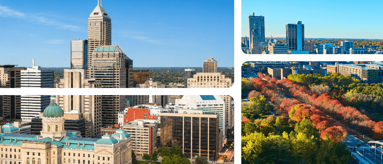 Indianapolis skyline and downtown landmarks alongside views of Fort Wayne’s skyline and parks, illustrating a cost of living comparison for renters choosing between the two Indiana cities.
