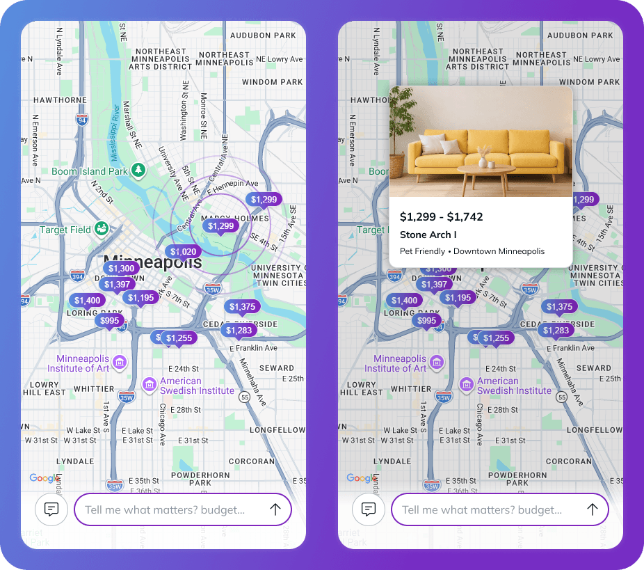An image depicting a renter using map view within AI mode to search for a rental apartment.