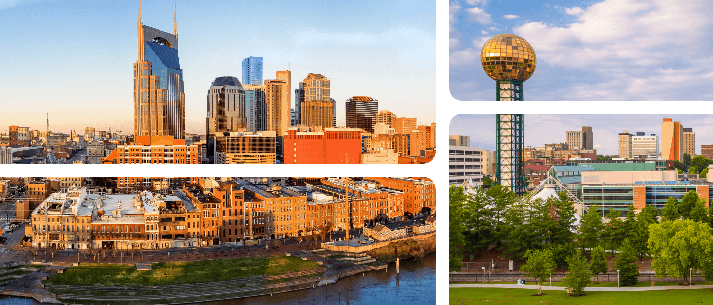 A collage featuring photos of the skylines in Knoxville and Tennessee, representing a cost of living comparison for renters choosing between the two cities.