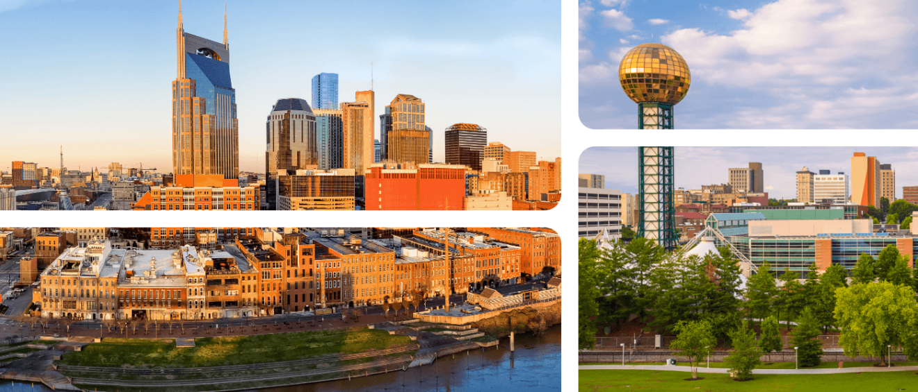 A collage featuring photos of the skylines in Knoxville and Tennessee, representing a cost of living comparison for renters choosing between the two cities.