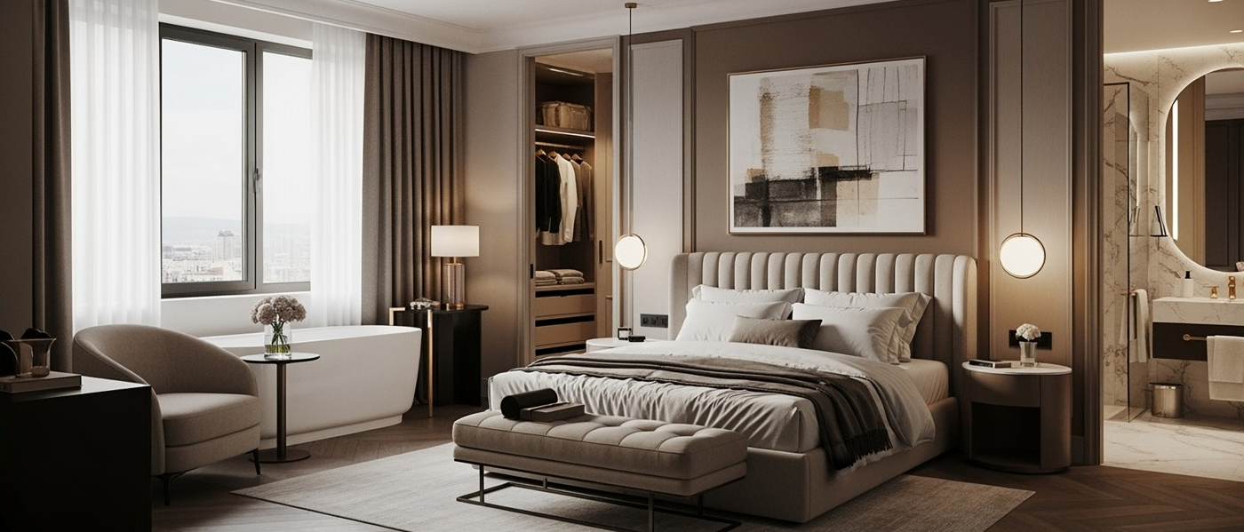 bedroom interior design with modern, timeless elements