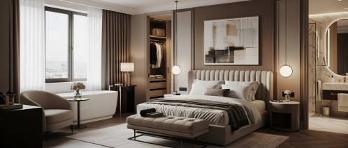 bedroom interior design with modern, timeless elements