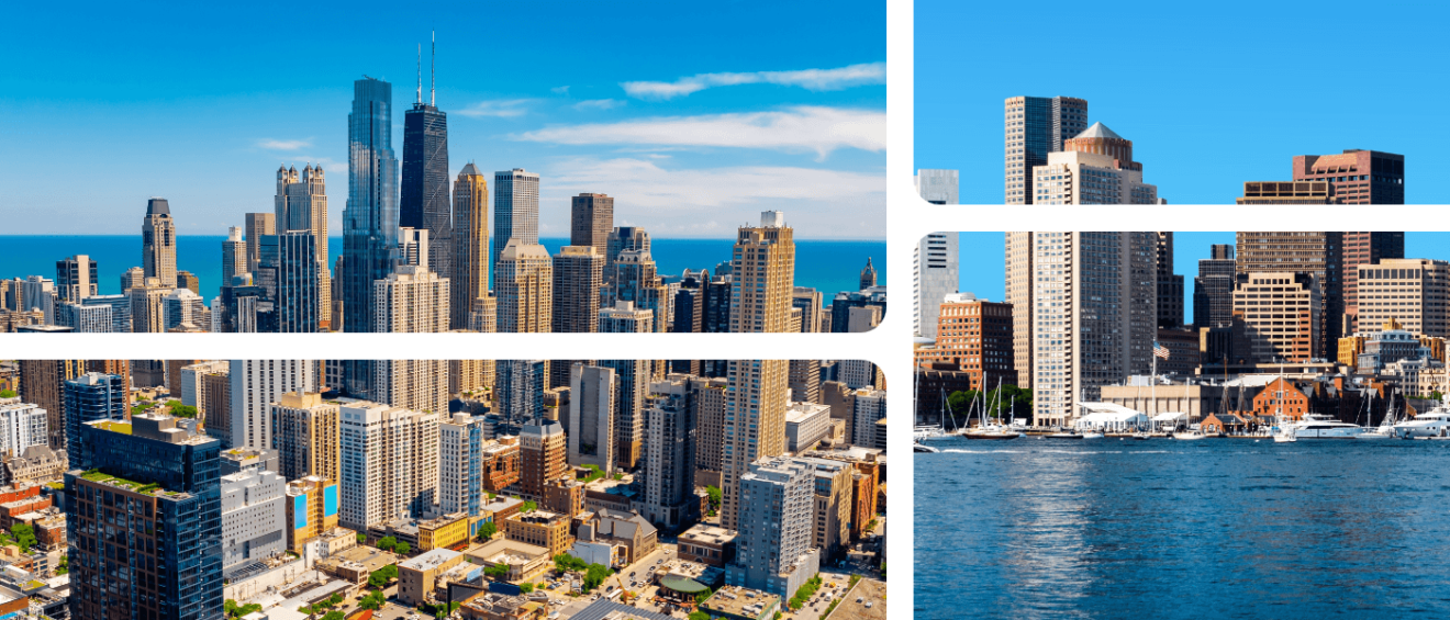 Chicago's downtown towers beside Boston's harborside high-rises, illustrating a cost of living comparison between the two cities.