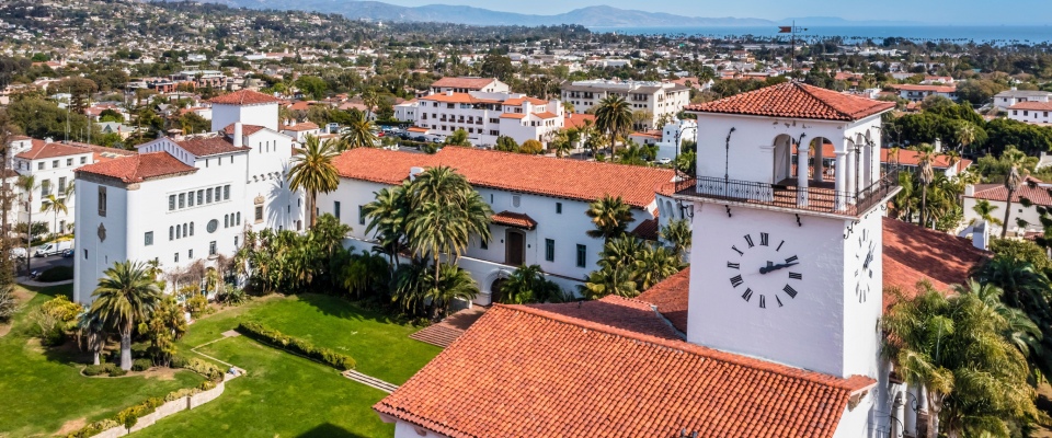 Apartments in Santa Barbara showcased by an aerial view of Santa Barbara, CA, featuring residential neighborhoods, urban amenities, and the city's scenic coastal setting.
