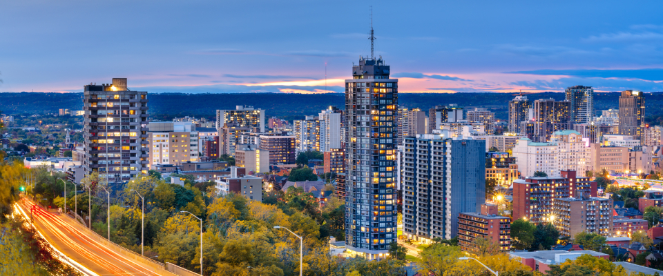 A photo of the skyline in Hamilton, ON, the #2 city for renter interest in Q2 2026.