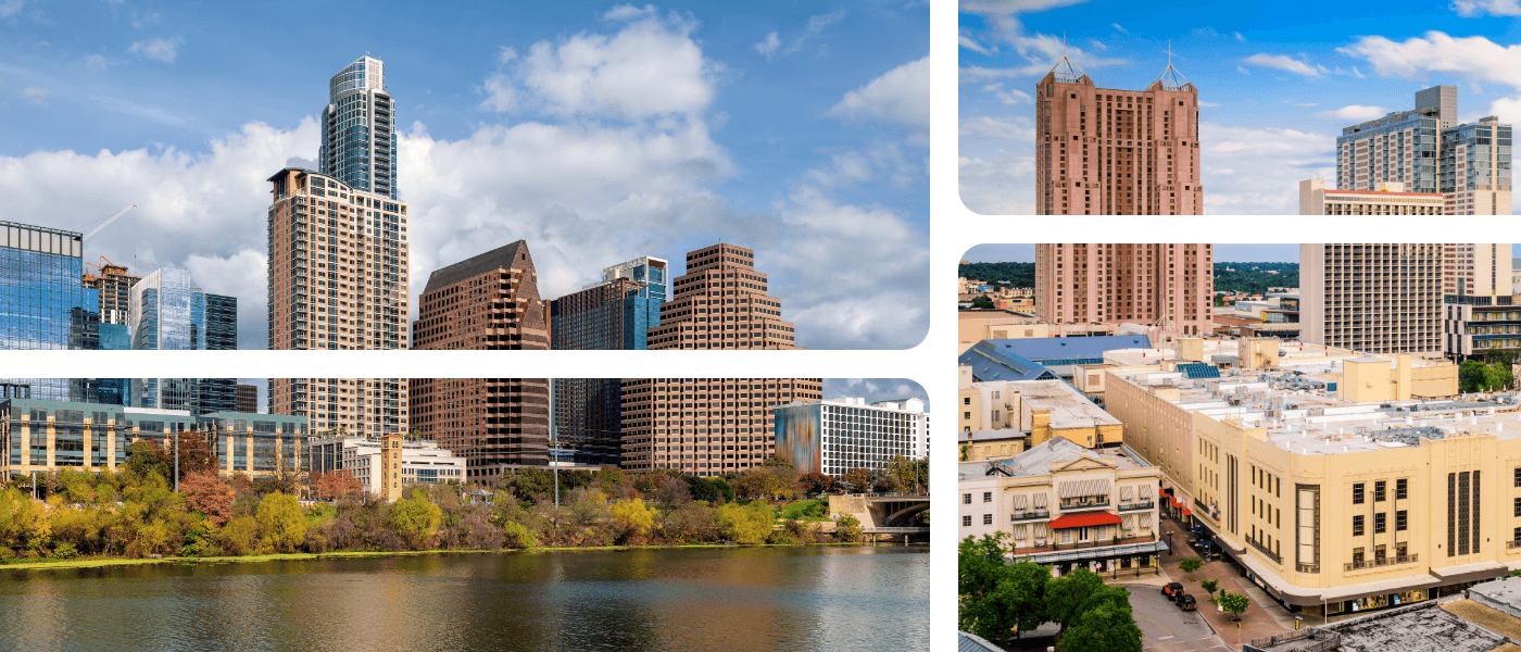 A collage featuring photos of the skylines in Austin and San Antonio, representing a cost of living comparison for renters choosing between the two cities.
