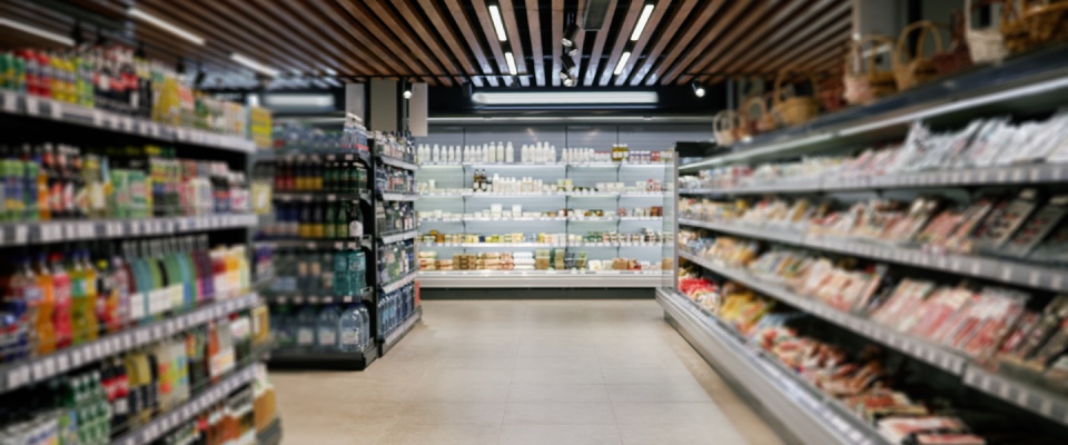 Well-stocked supermarket aisle with neatly organized shelves, highlighting convenient grocery shopping and everyday amenities near apartments in Surprise.