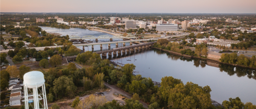 An aerial view of Trenton, NJ, a city where renters have plenty of options for getting around using public transit.