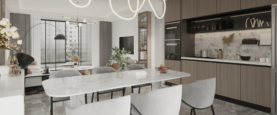 Modern open-concept kitchen and dining area with a stylish table and contemporary lighting, illustrating the functional, space-efficient design of solo apartment life.