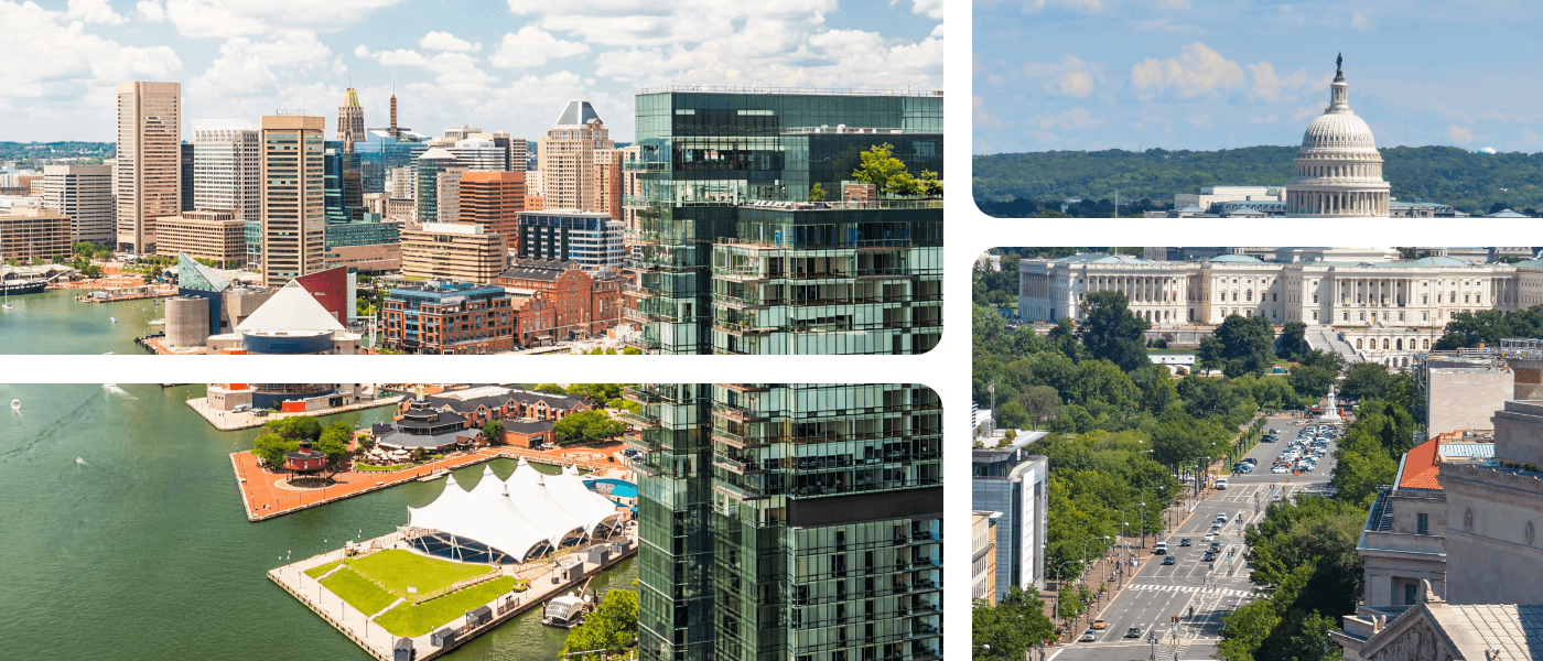 Collage showing Baltimore, MD and Washington, D.C. in a cost of living comparison.