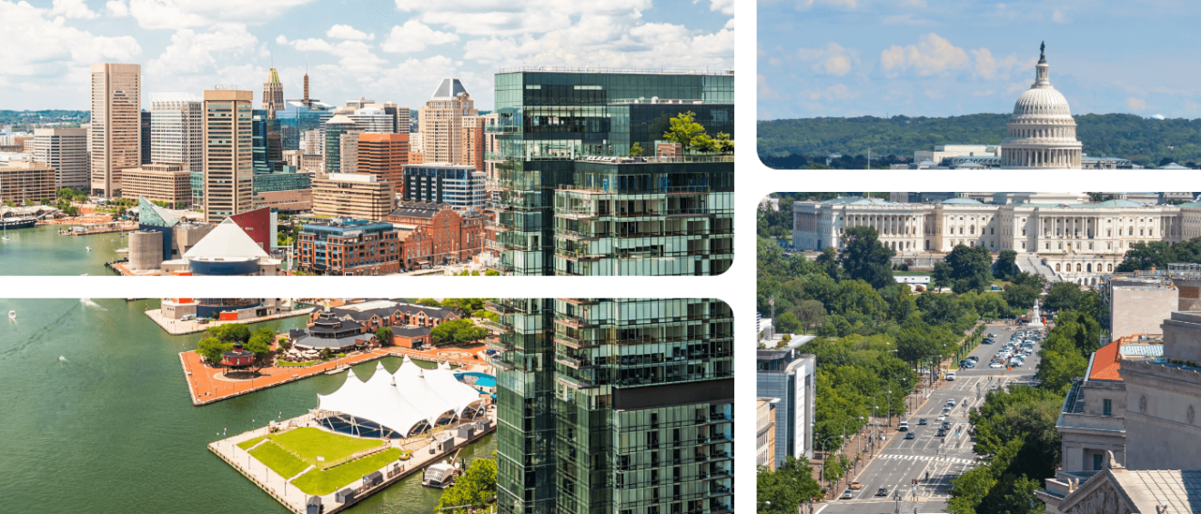 Collage showing Baltimore, MD and Washington, D.C. in a cost of living comparison.