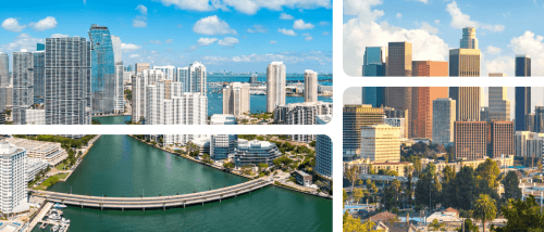 Collage of Miami's high-rises and bay on the left and downtown Los Angeles buildings on the right for a cost of living comparison for renters.