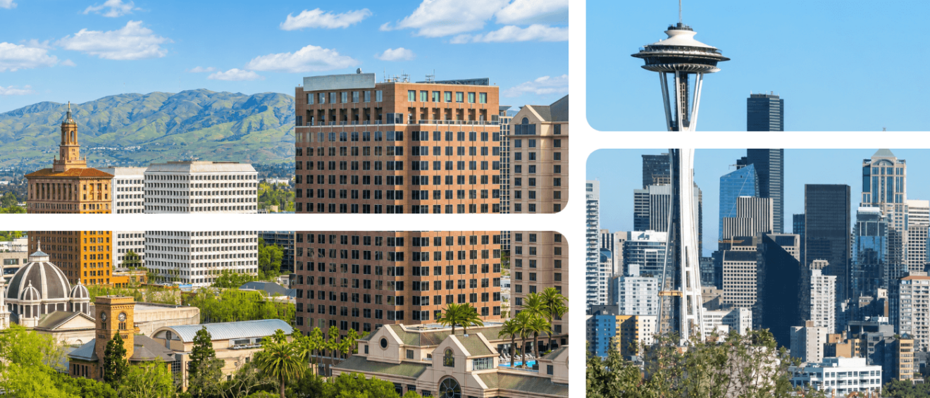San Jose, CA, skyline with hills and Seattle skyline with the Space Needle, illustrating a cost of living comparison for renters.