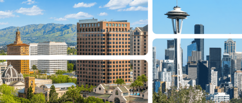 San Jose, CA, skyline with hills and Seattle skyline with the Space Needle, illustrating a cost of living comparison for renters.