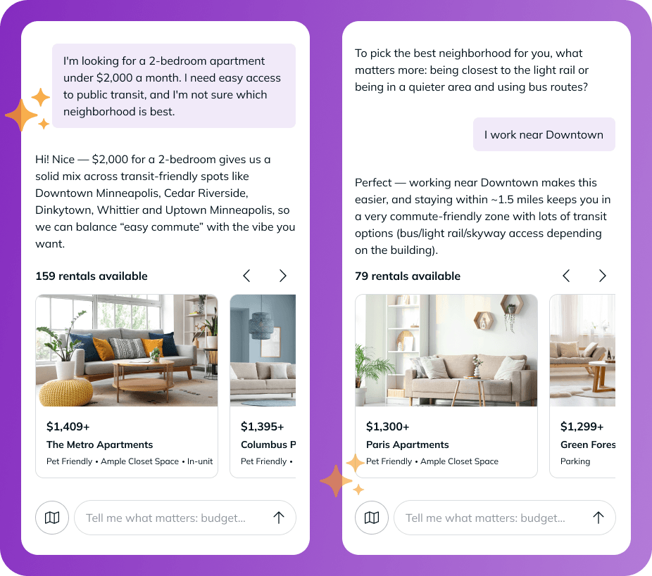 An image depicting a renter using Ren on RentCafe to search for an apartment through a back-and-forth conversation.