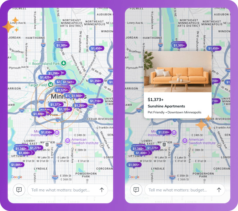 A screenshot of a renter using map view within Ren on RentCafe.