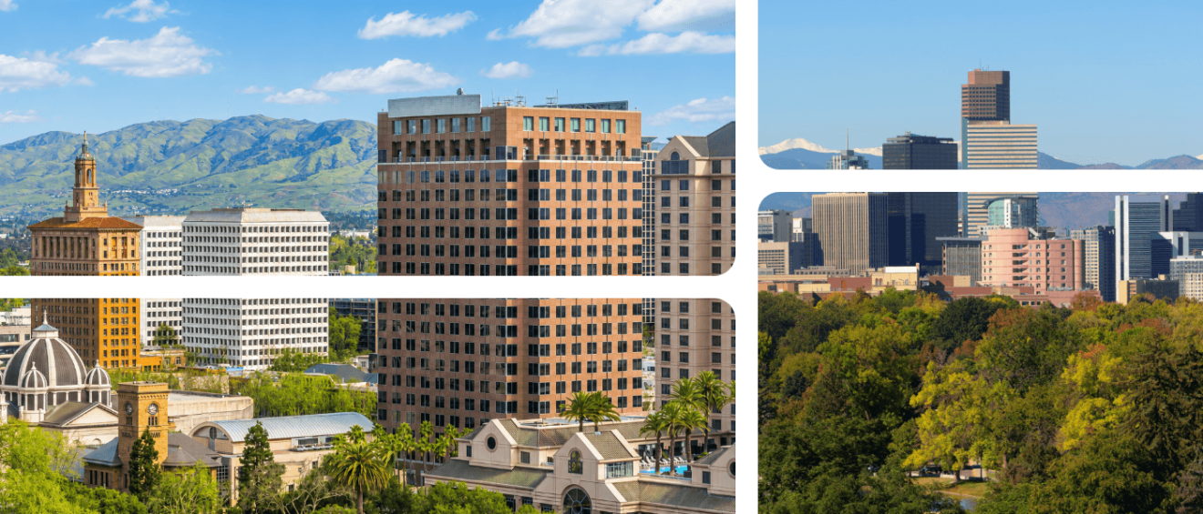A collage featuring photos of the skylines in San Jose and Salt Lake City, representing a cost of living comparison for renters choosing between the two cities.