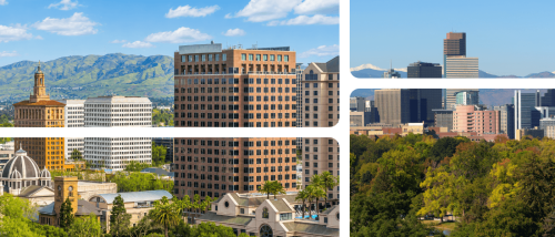 A collage featuring photos of the skylines in San Jose and Salt Lake City, representing a cost of living comparison for renters choosing between the two cities.