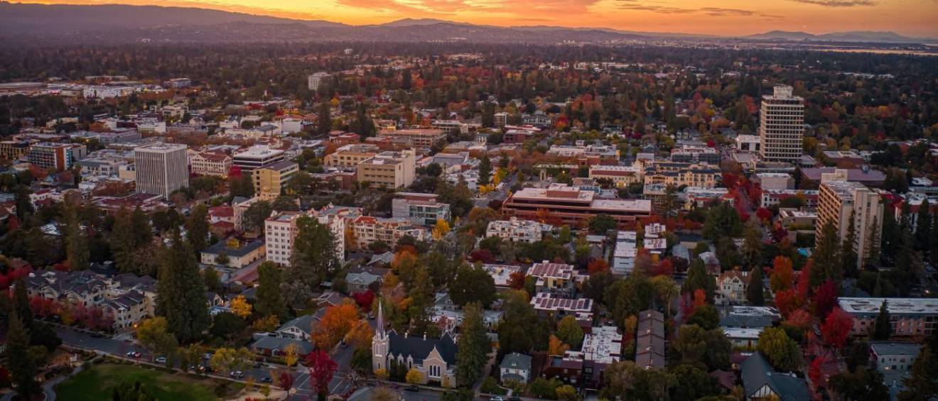 Aerial view of Palo Alto, California at sunrise showcasing apartments in Palo Alto.