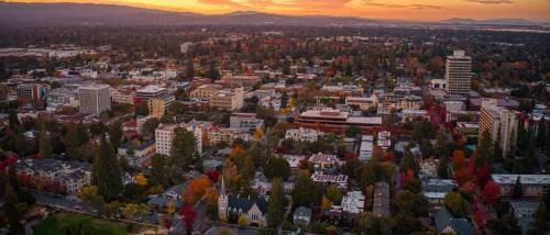 Aerial view of Palo Alto, California at sunrise showcasing apartments in Palo Alto.