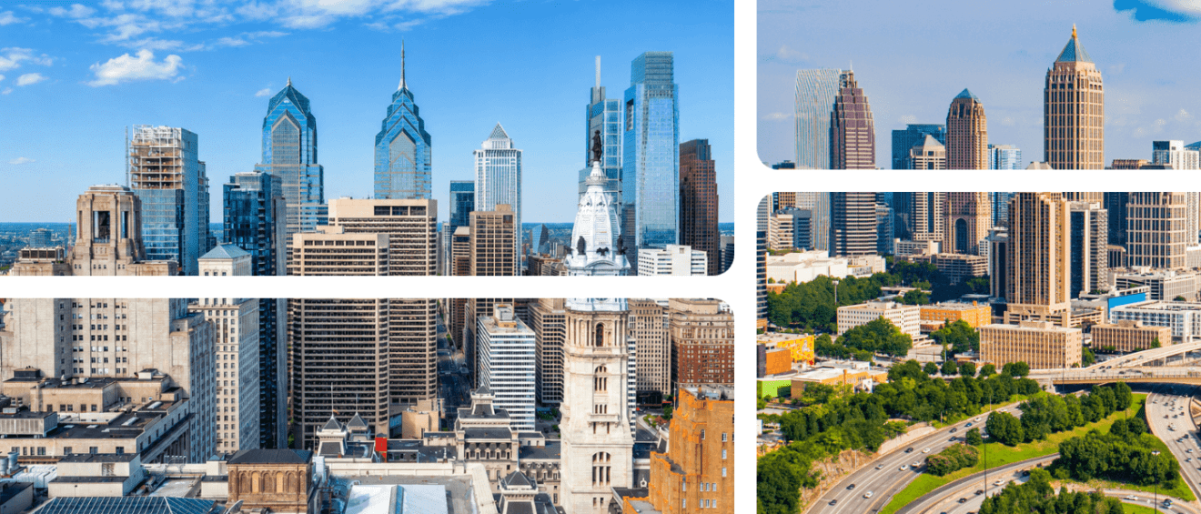 Collage showing images from both Philadelphia, PA and Atlanta, GA.