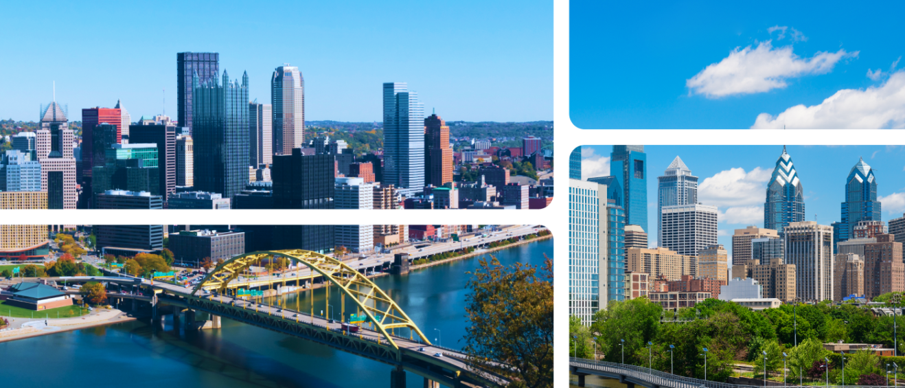 Pittsburgh, PA, skyline with a yellow river bridge and Philadelphia skyline with skyscrapers, illustrating a cost of living comparison for renters.