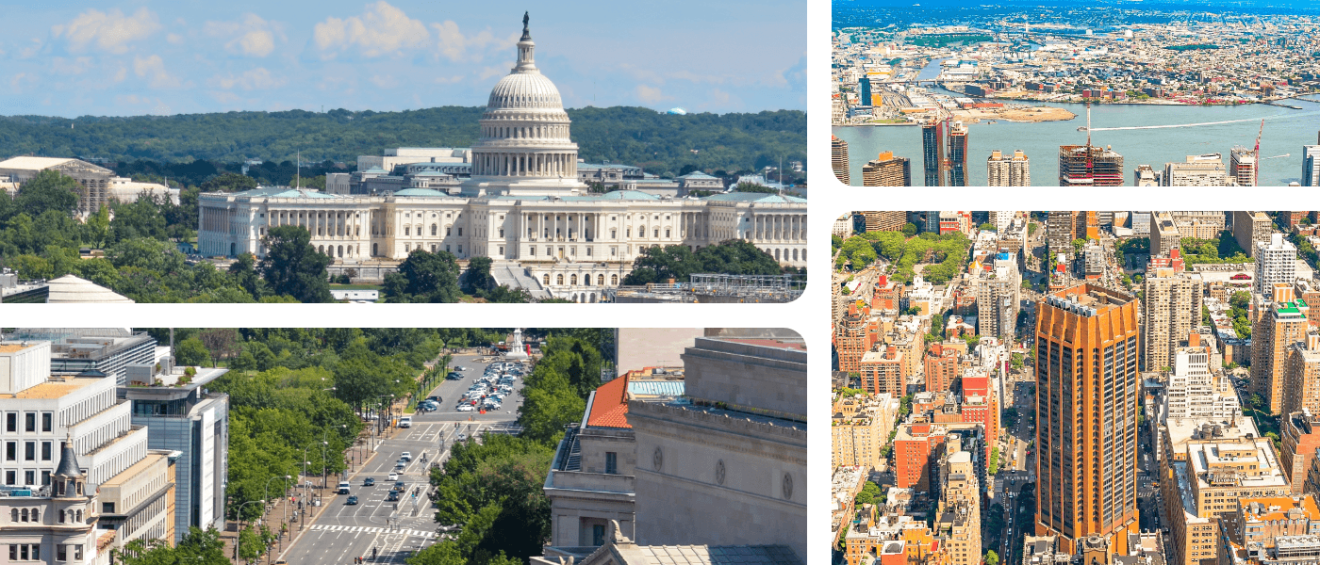 Washington, D.C., and New York City skylines illustrating a renter cost of living comparison for renters.