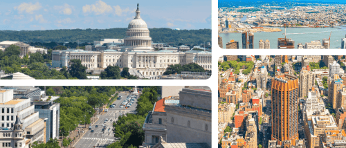 Washington, D.C., and New York City skylines illustrating a renter cost of living comparison for renters.