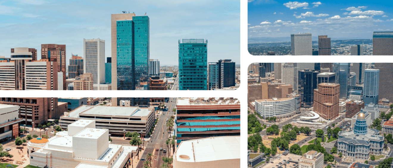 A collage featuring photos of the skylines in Phoenix and Denver, representing a cost-of-living comparison for renters choosing between the two cities.