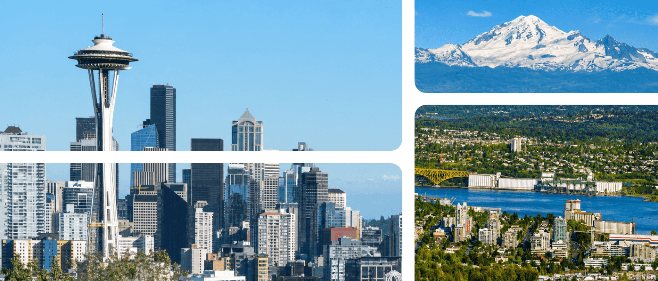 A collage featuring photos of the skylines in Seattle and Vancouver, WA, representing a cost of living comparison for renters choosing between the two cities.