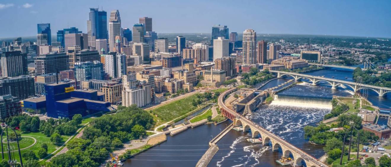 Aerial view of Minneapolis, Minnesota during summer featured in the renter engagement tracker.