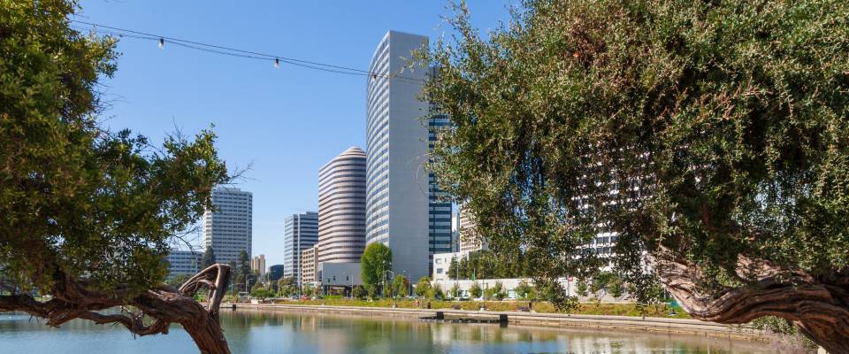 View of Lake Merritt and the adjacent high-rise buildings in Oakland, California featured in the renter engagement tracker.