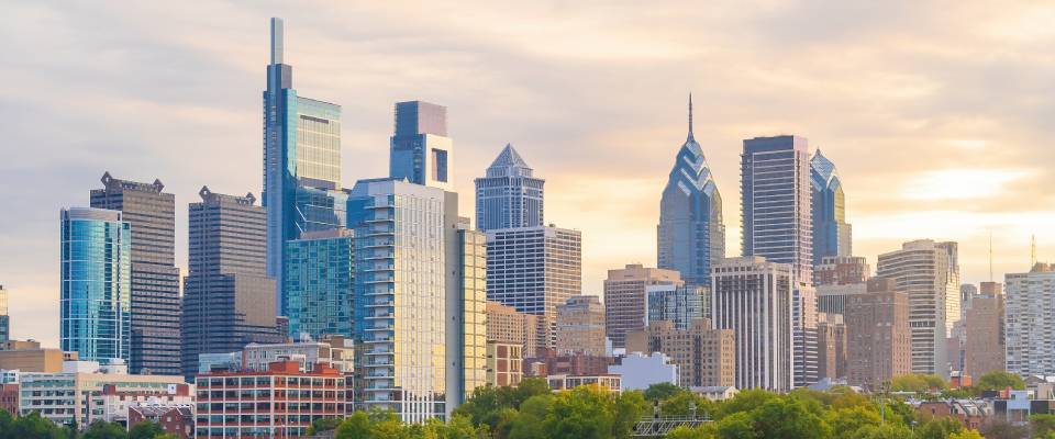 Philadelphia downtown city skyline and cityscape of Pennsylvania, USA featured in the renter engagement tracker.