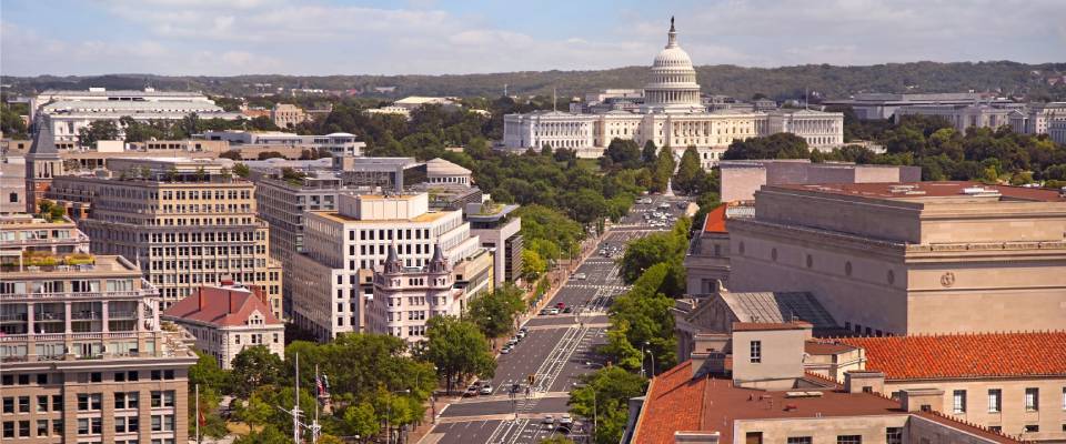 Washington DC skyline with Pennsylvania Avenue and the US Capitol on a sunny day, USA featured in the renter engagement tracker.