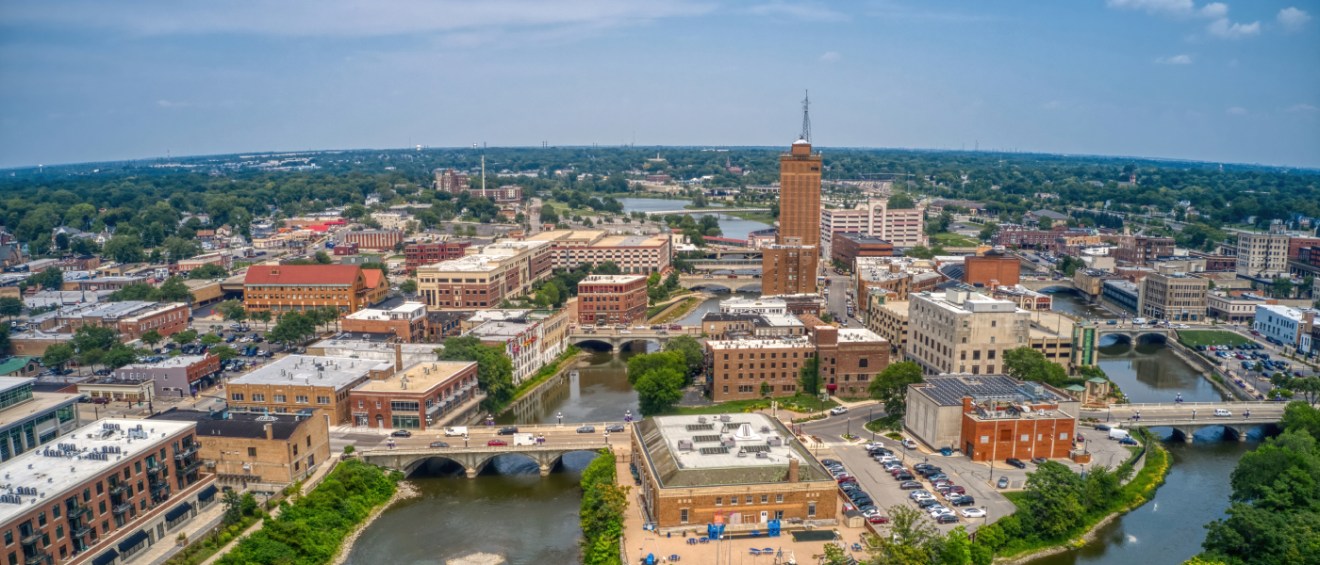 An aerial photo of downtown Aurora, IL, a city where renters should ask these 5 questions before renting an apartment.