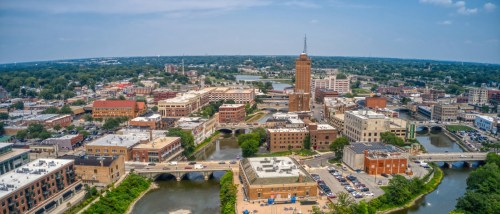 An aerial photo of downtown Aurora, IL, a city where renters should ask these 5 questions before renting an apartment.