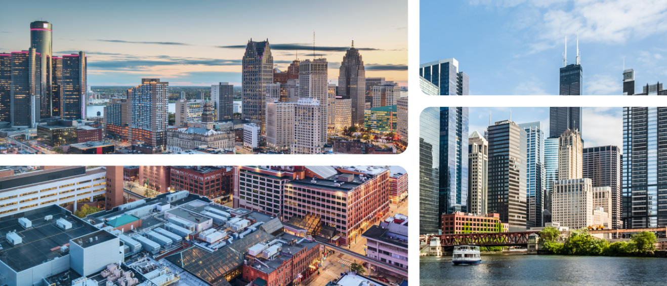 Collage of the Detroit and Chicago skylines, illustrating a cost of living comparison for renters weighing a move between the two cities.