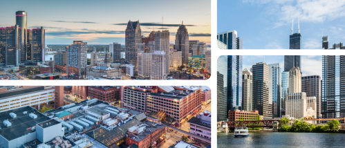 Collage of the Detroit and Chicago skylines, illustrating a cost of living comparison for renters weighing a move between the two cities.
