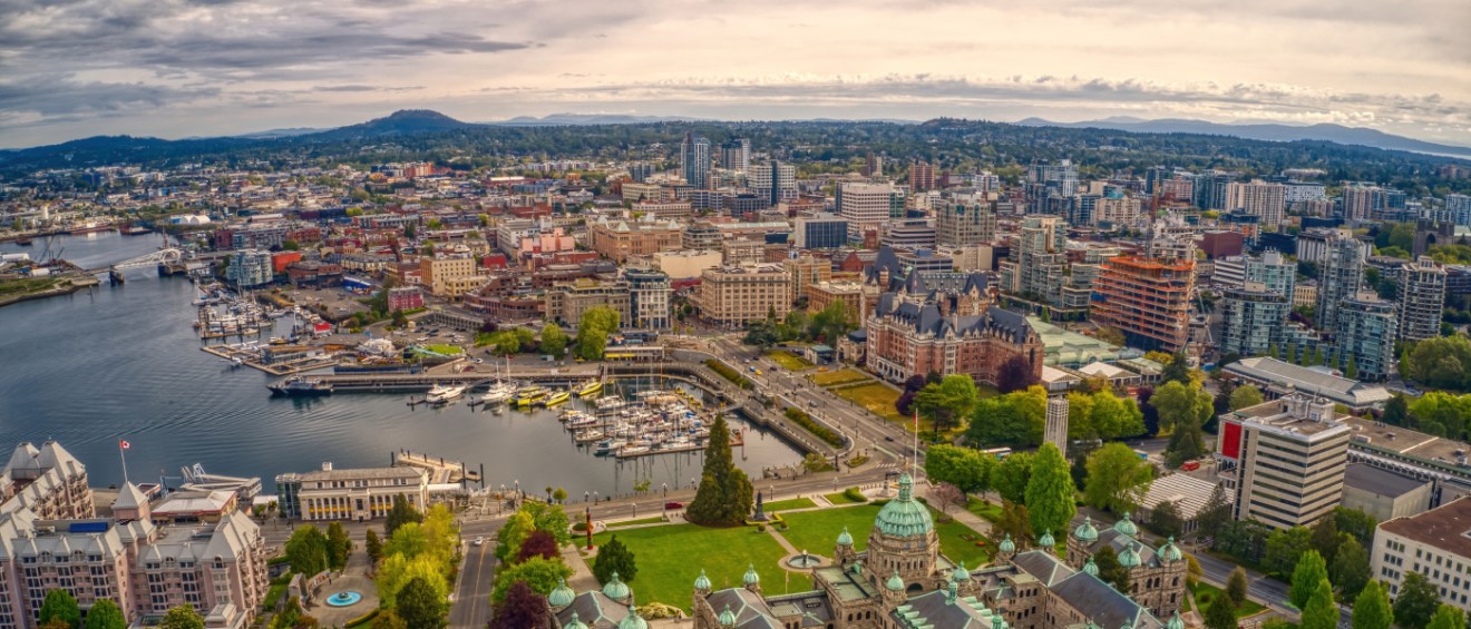 An aerial view of Victoria, BC, the #2 city for renter interest in Canada in Q3 2026.